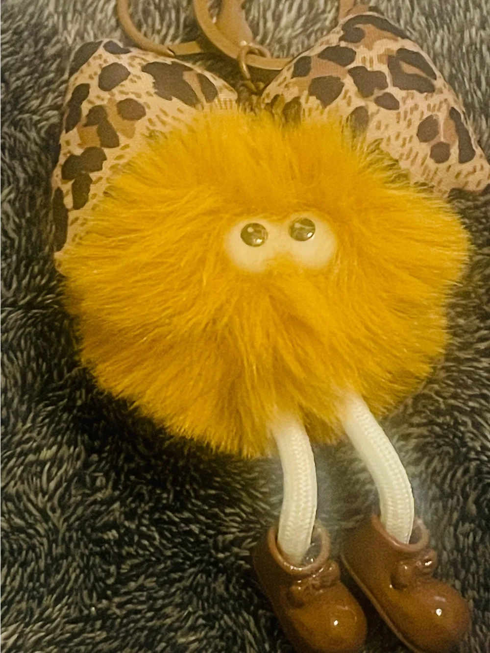 Fuzzy Pom Pom Keychain with Leopard Bow and Cute Eyes